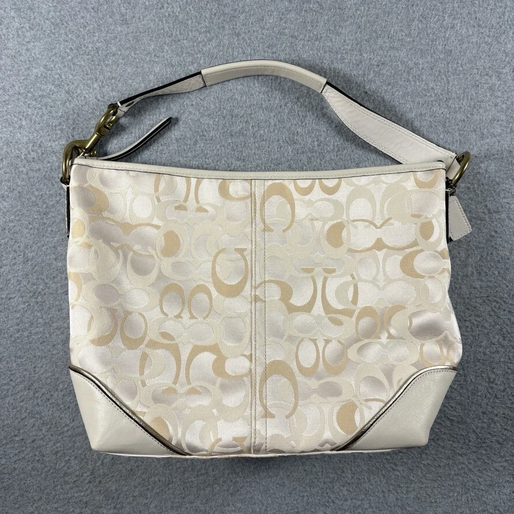 VTG Coach Optic Signature Hobo Bag Cream White Leather Canvas Shoulder Purse